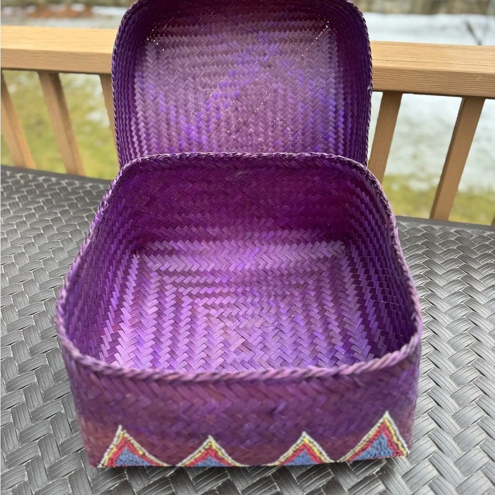 Colorful Patterned Woven Basket Lightweight Purple with Flower Decoration